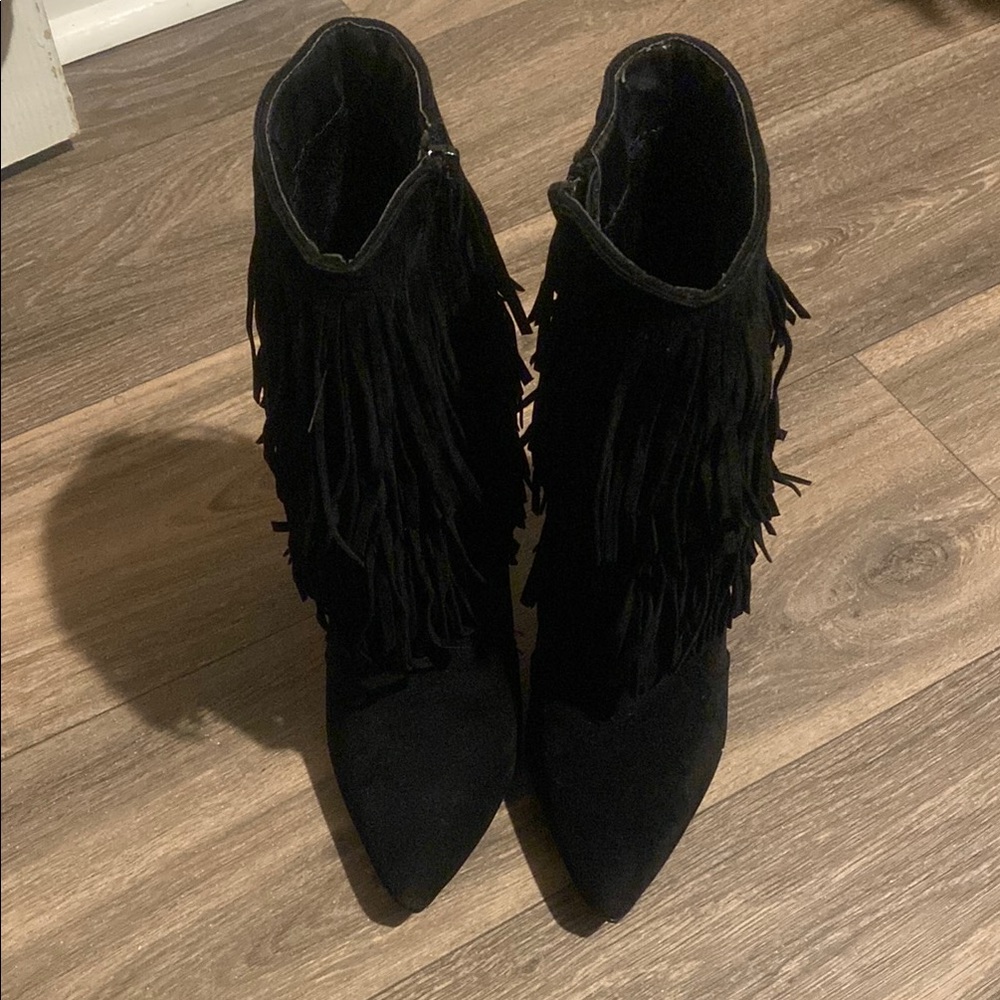 Shoe Republic LA Black Fringe Heeled Boots